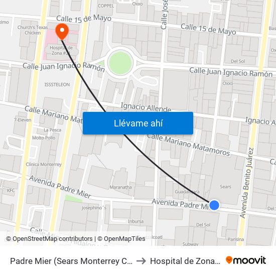 Padre Mier (Sears Monterrey Centro) to Hospital de Zona #21 map