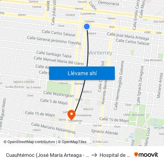 Cuauhtémoc (José María Arteaga - Francisco I. Madero) to Hospital de Zona #21 map