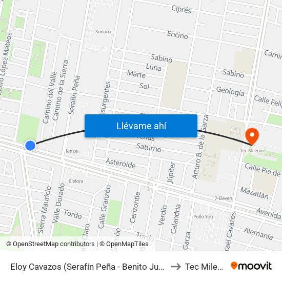 Eloy Cavazos (Serafín Peña - Benito Juárez) to Tec Milenio map