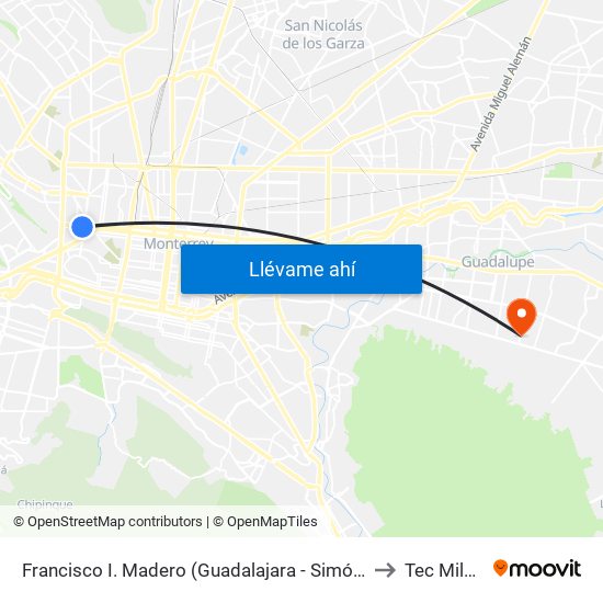 Francisco I. Madero (Guadalajara - Simón Bolívar) to Tec Milenio map