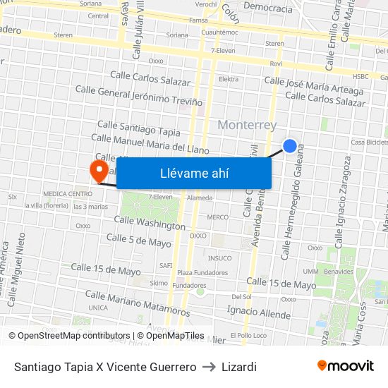 Santiago Tapia X Vicente Guerrero to Lizardi map