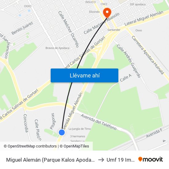 Miguel Alemán (Parque Kalos Apodaca) to Umf 19 Imss map