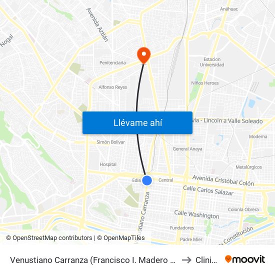 Venustiano Carranza (Francisco I. Madero - José María Arteaga) to Clinica 28 map