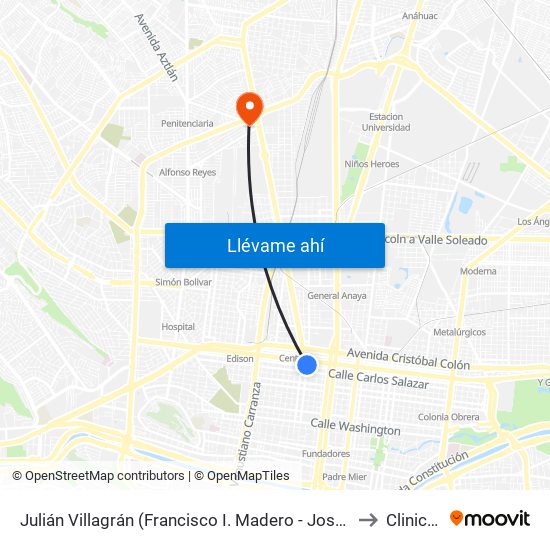 Julián Villagrán (Francisco I. Madero - José María Arteaga) to Clinica 28 map