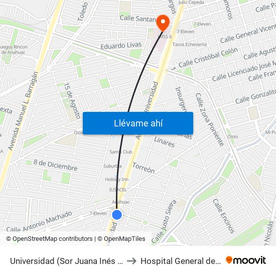 Universidad (Sor Juana Inés de La Cruz) to Hospital General de Zona #6 map