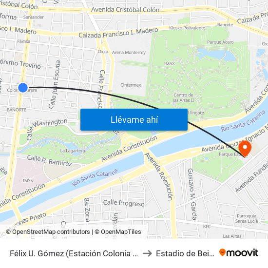 Félix U. Gómez (Estación Colonia Obrera) to Estadio de Beisbol map