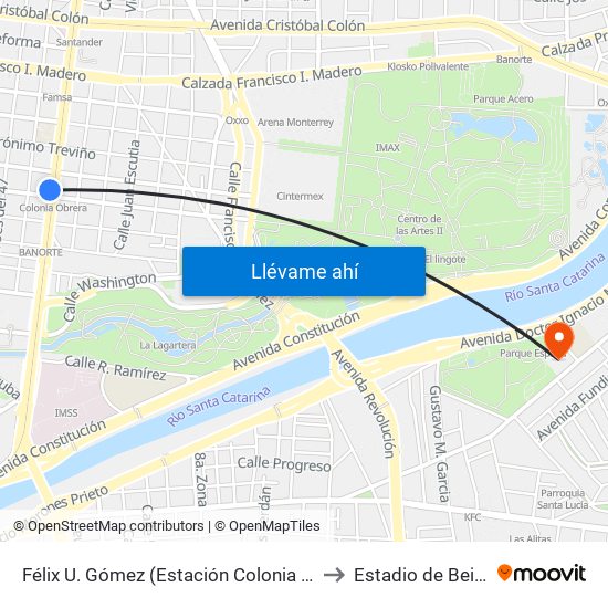 Félix U. Gómez (Estación Colonia Obrera) to Estadio de Beisbol map