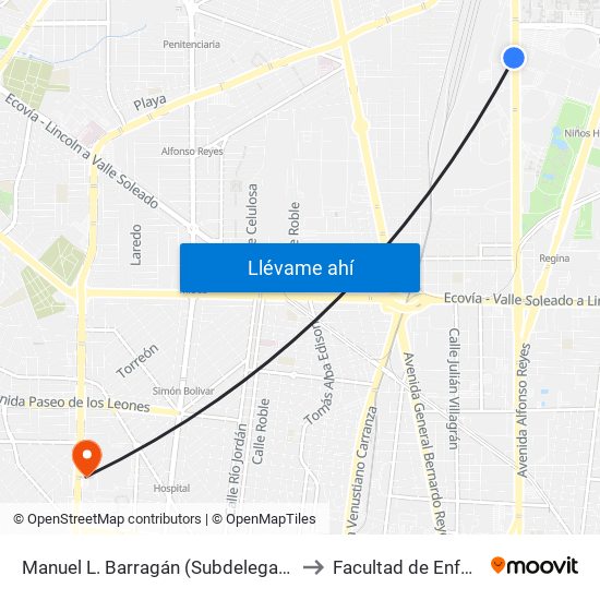 Manuel L. Barragán (Subdelegación No. 2 Del Imss) to Facultad de Enfermería Uanl map