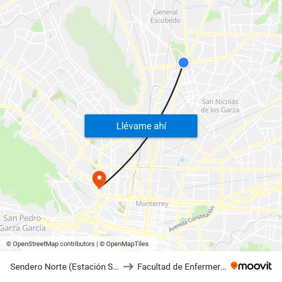 Sendero Norte (Estación Sendero) to Facultad de Enfermería Uanl map