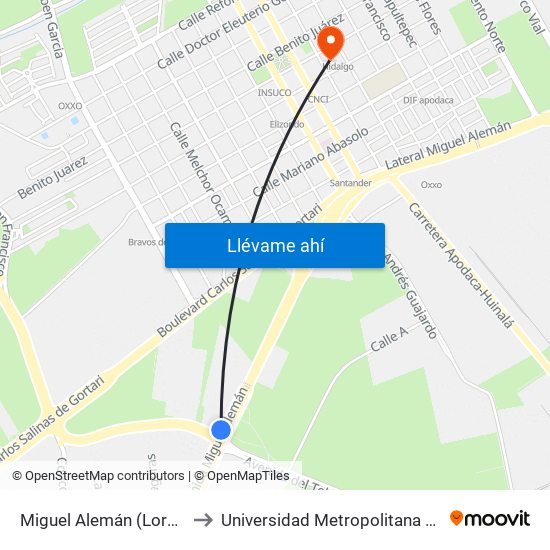 Miguel Alemán (Loreto Tower) to Universidad Metropolitana de Monterrey map