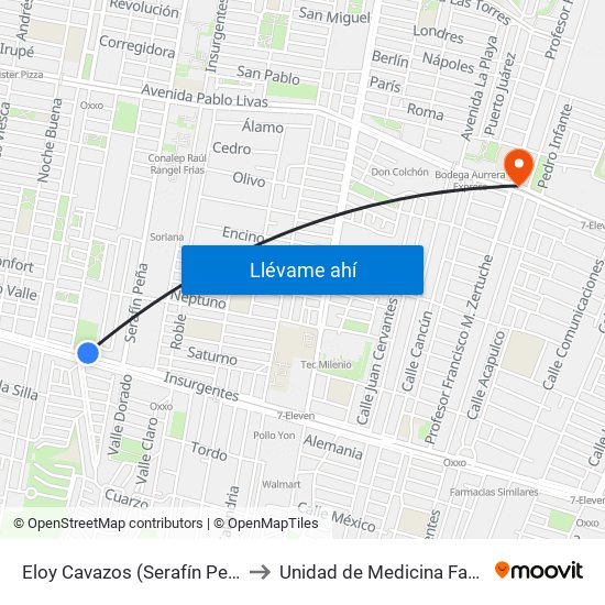 Eloy Cavazos (Serafín Peña - Benito Juárez) to Unidad de Medicina Familiar No. 29 Imss map