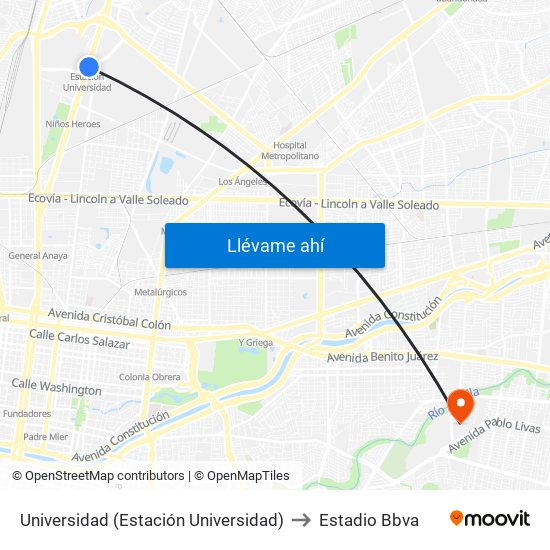 Universidad (Estación Universidad) to Estadio Bbva map