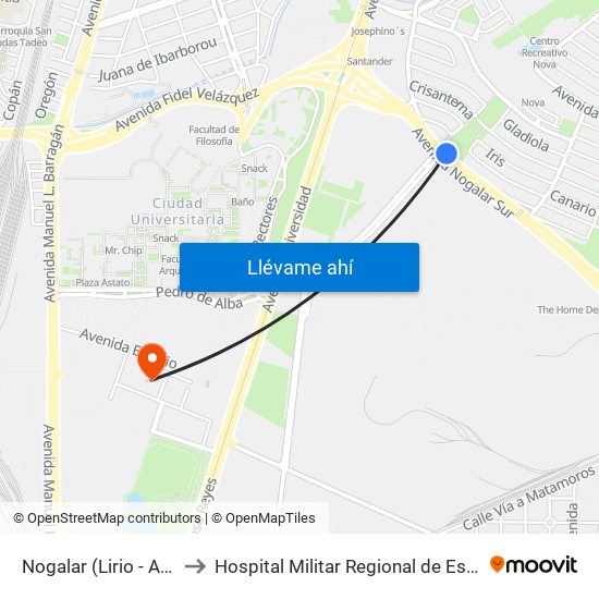 Nogalar (Lirio - Amapola) to Hospital Militar Regional de Especialidades map