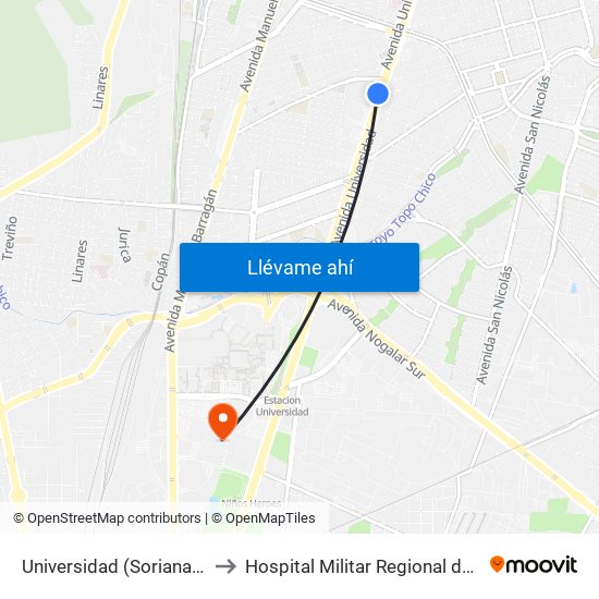 Universidad (Soriana San Nicolás) to Hospital Militar Regional de Especialidades map