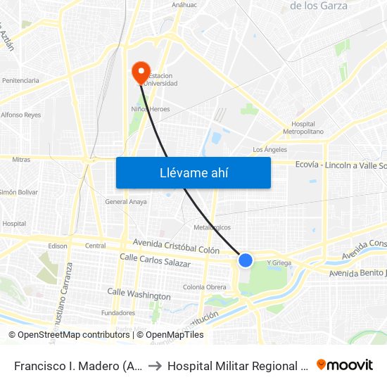 Francisco I. Madero (Arena Monterrey) to Hospital Militar Regional de Especialidades map