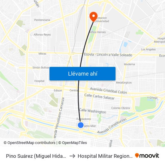 Pino Suárez (Miguel Hidalgo - Melchor Ocampo) to Hospital Militar Regional de Especialidades map