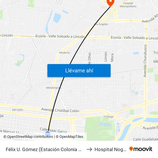 Félix U. Gómez (Estación Colonia Obrera) to Hospital Nogalar map