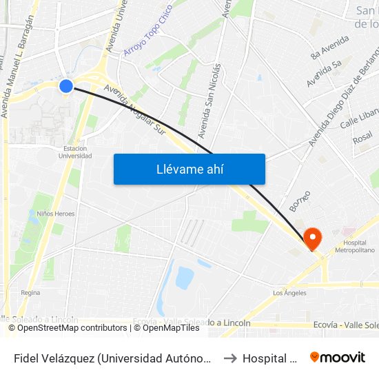 Fidel Velázquez (Universidad Autónoma de Nuevo León) to Hospital Nogalar map