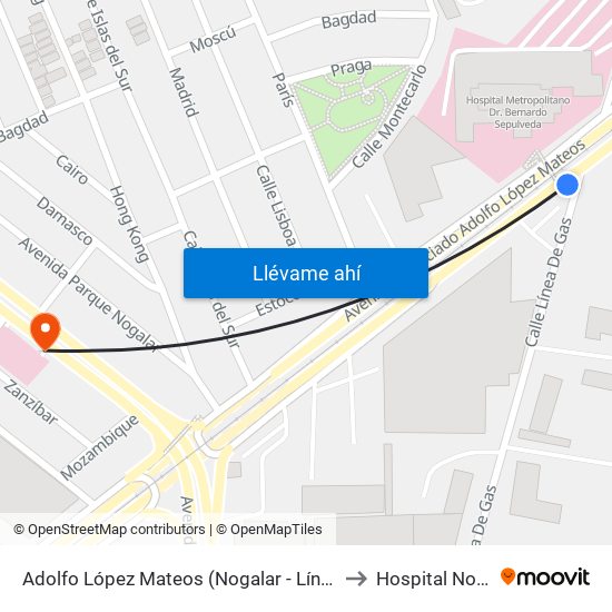 Adolfo López Mateos (Nogalar - Línea de Gas) to Hospital Nogalar map