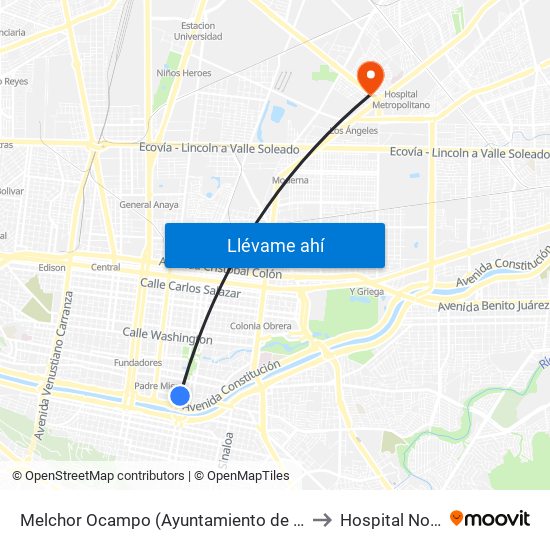 Melchor Ocampo (Ayuntamiento de Monterrey) to Hospital Nogalar map