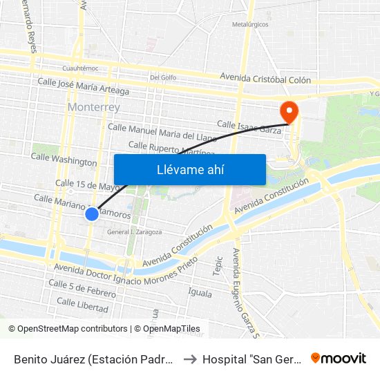 Benito Juárez (Estación Padre Mier) to Hospital "San Gerardo" map