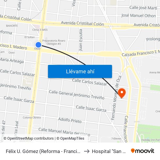 Félix U. Gómez (Reforma - Francisco I. Madero) to Hospital "San Gerardo" map