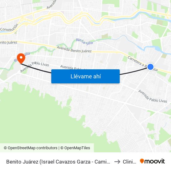 Benito Juárez (Israel Cavazos Garza - Camino Río Escondido) to Clinica 4 map