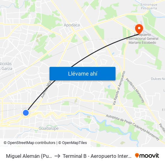 Miguel Alemán (Purísima - La Luz) to Terminal B - Aeropuerto Internacional de Monterrey map