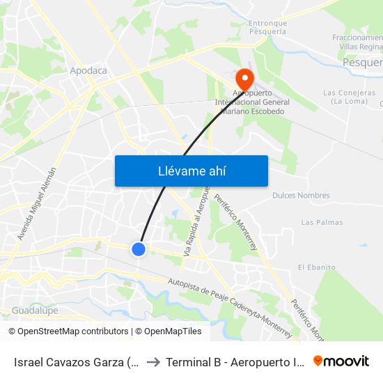 Israel Cavazos Garza (Miravalle - Valle Alegre) to Terminal B - Aeropuerto Internacional de Monterrey map