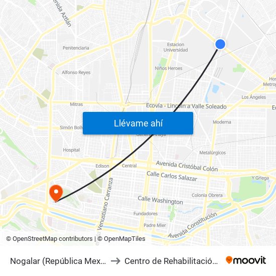 Nogalar (República Mexicana - San Nicolás) to Centro de Rehabilitación Christus Muguerza map