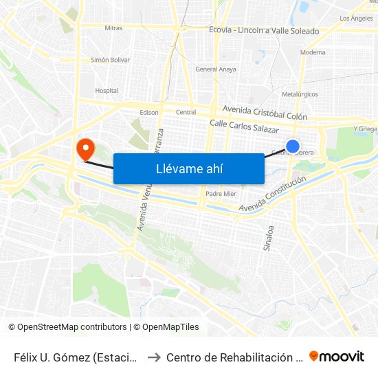 Félix U. Gómez (Estación Colonia Obrera) to Centro de Rehabilitación Christus Muguerza map