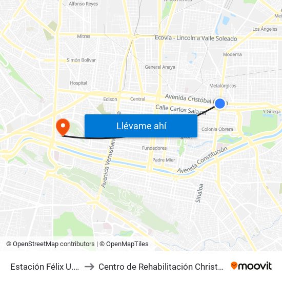 Estación Félix U. Gómez to Centro de Rehabilitación Christus Muguerza map