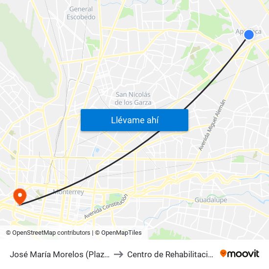 José María Morelos (Plaza Principal de Apodaca) to Centro de Rehabilitación Christus Muguerza map