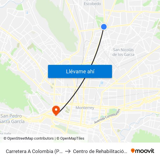Carretera A Colombia (Plaza Metro Sendero) to Centro de Rehabilitación Christus Muguerza map