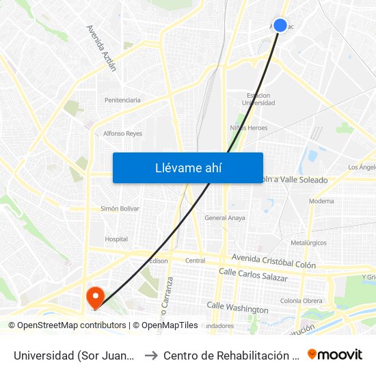 Universidad (Sor Juana Inés de La Cruz) to Centro de Rehabilitación Christus Muguerza map