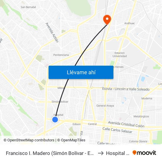 Francisco I. Madero (Simón Bolívar - Eduardo Aguirre Pequeño) to Hospital El Roble map