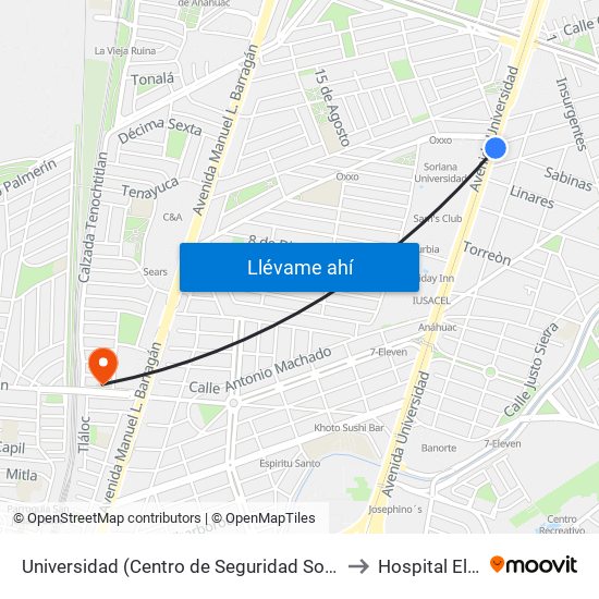 Universidad (Centro de Seguridad Social Del I.M.S.S.) to Hospital El Roble map