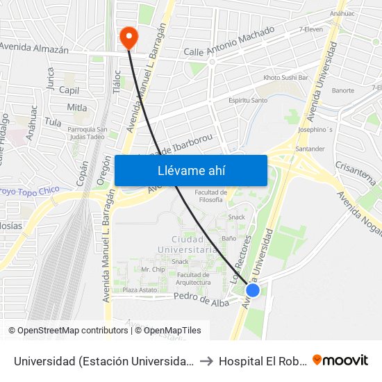 Universidad (Estación Universidad) to Hospital El Roble map