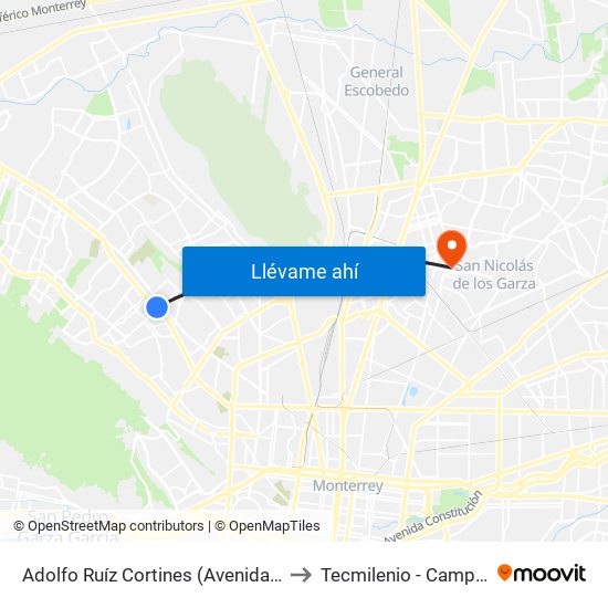 Adolfo Ruíz Cortines (Avenida de La Unidad - Nogal) to Tecmilenio - Campus San Nicolás map