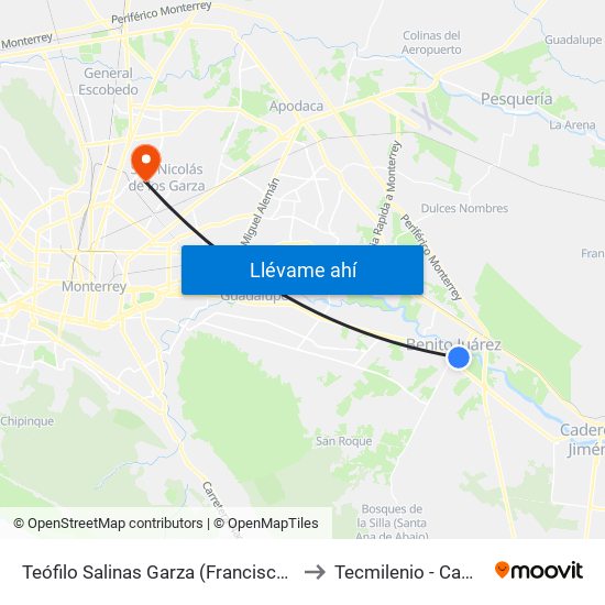 Teófilo Salinas Garza (Francisco Javier Mina - Benito Juárez) to Tecmilenio - Campus San Nicolás map