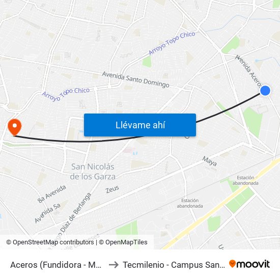 Aceros (Fundidora - Maderera) to Tecmilenio - Campus San Nicolás map