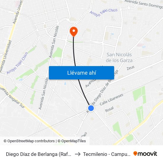 Diego Díaz de Berlanga (Rafael - Juan Pablo II) to Tecmilenio - Campus San Nicolás map