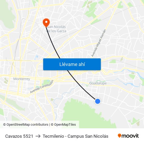 Cavazos 5521 to Tecmilenio - Campus San Nicolás map