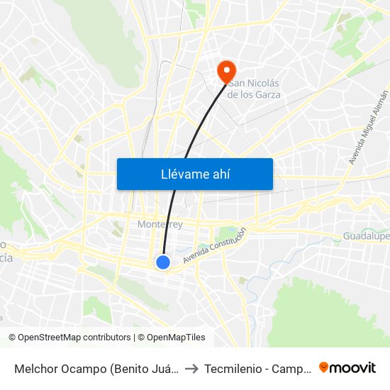 Melchor Ocampo (Benito Juárez - Emilio Carranza) to Tecmilenio - Campus San Nicolás map