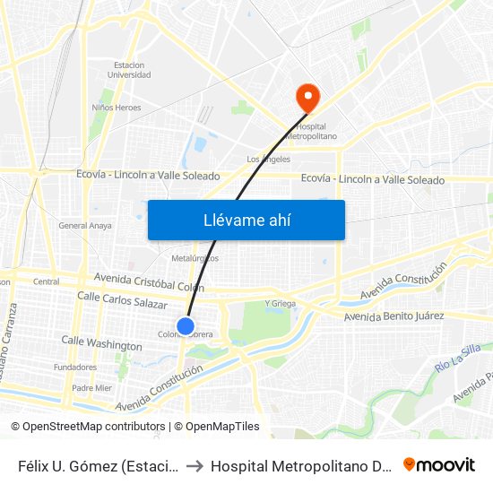 Félix U. Gómez (Estación Colonia Obrera) to Hospital Metropolitano Dr. Bernardo Sepulveda map