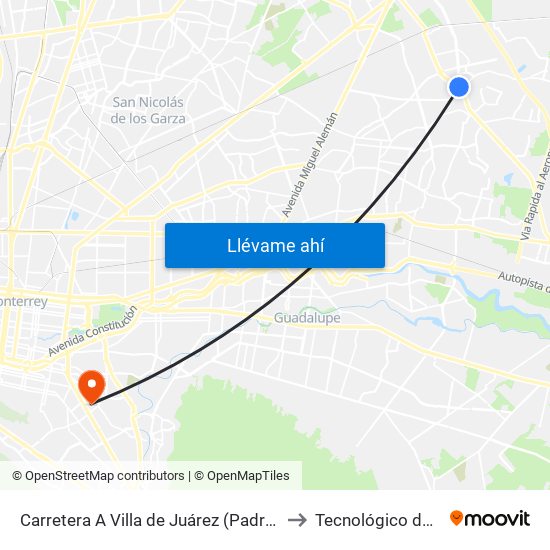 Carretera A Villa de Juárez (Padre Mier - Constitución) to Tecnológico de Monterrey map