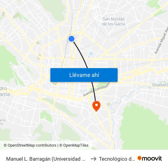 Manuel L. Barragán (Universidad Autónoma de Nuevo León) to Tecnológico de Monterrey map