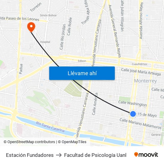 Estación Fundadores to Facultad de Psicología Uanl map