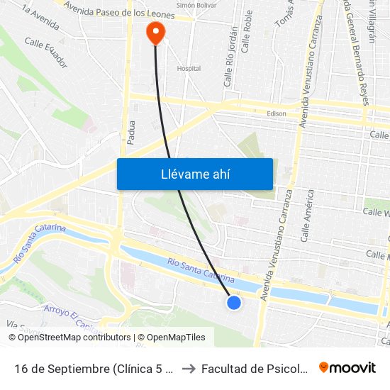 16 de Septiembre (Clínica 5 Del I.M.S.S.) to Facultad de Psicología Uanl map