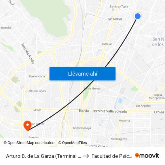 Arturo B. de La Garza (Terminal de Grupo Lazcano) to Facultad de Psicología Uanl map